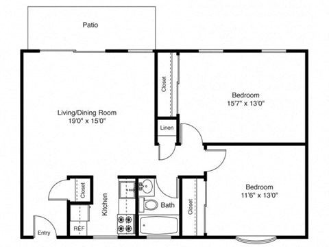 Floor plan for 2 beds, 1 bath, 700 sqft